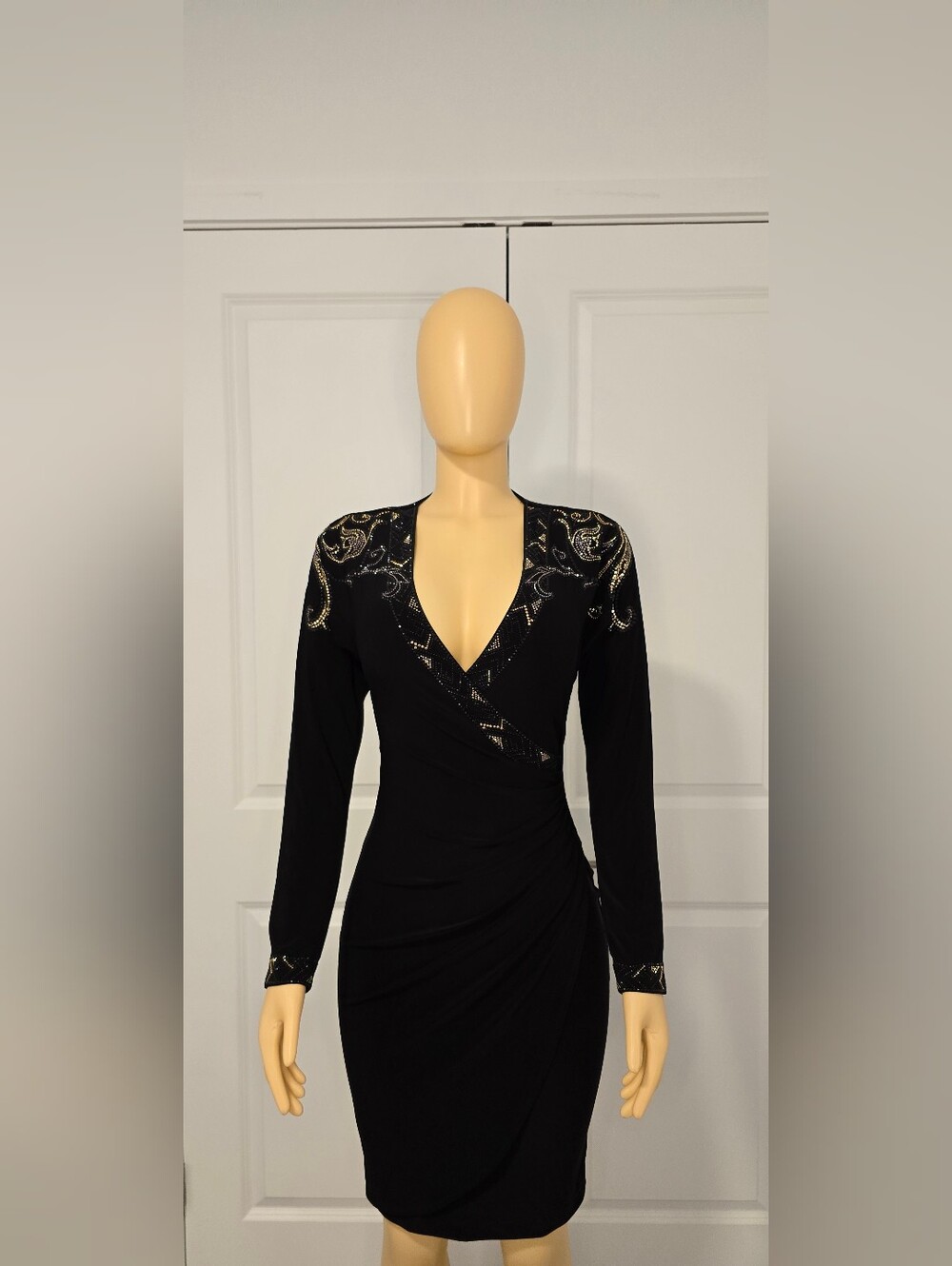 Cache Black Long-Sleeve V-Neck Wrap Dress with Metallic Embellishment